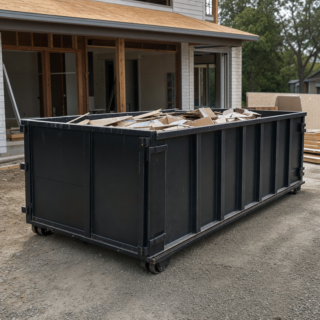 Large matte-black 30-yard construction roll-off dumpster at an active Mesquite jobsite, steel-gray top rails and bottom rollers visible, loaded with construction debris.