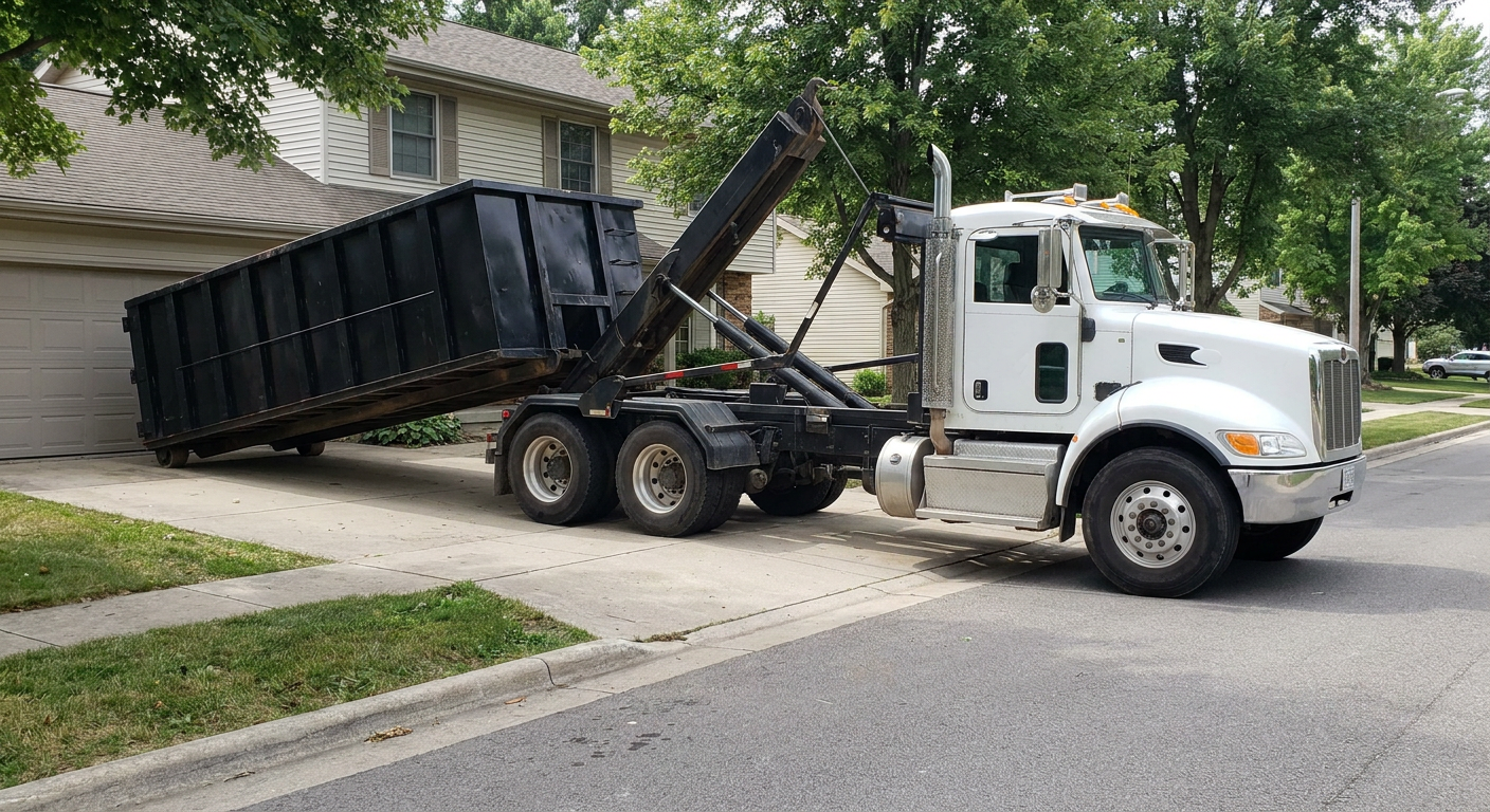 White-cab hooklift roll-off truck actively lowering a matte-black dumpster onto a Mesquite residential concrete driveway, the dumpster's rear wheels touching the driveway as the hoist arm tilts the bed forward, mid-morning daylight.