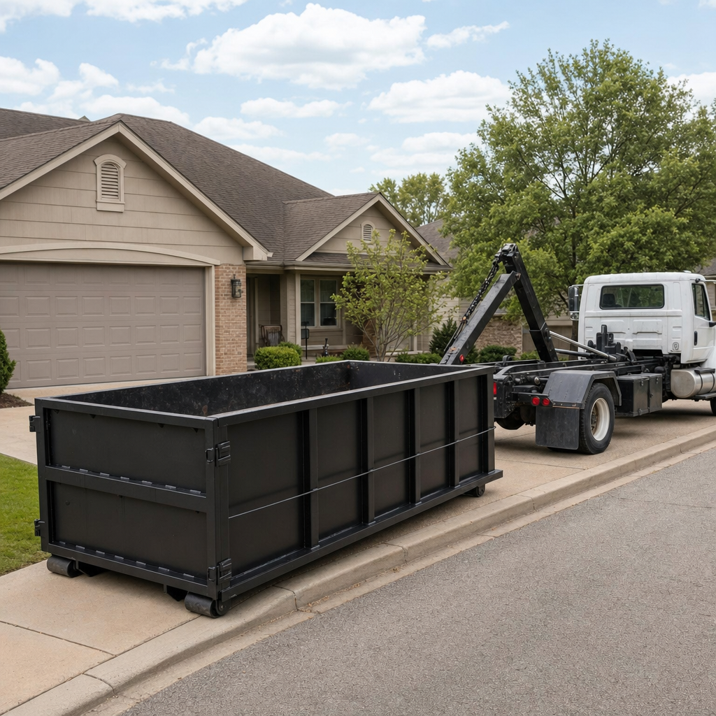 Wide documentary shot of a matte-black roll-off dumpster on a Mesquite residential driveway in the foreground and a contractor jobsite container in the soft-focus background, bright daylight, calm and orderly composition.