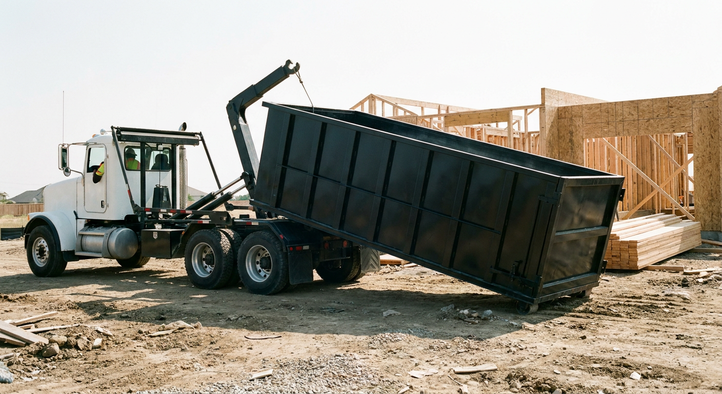 Matte-black roll-off dumpster being delivered onto a clean residential concrete driveway in Mesquite by an unmarked white hooklift hauler truck, bright morning daylight, documentary 35mm perspective.